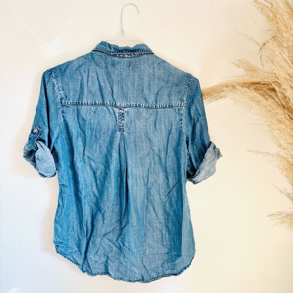 ANTHROPOLOGIE CLOTH STONE Blue Denim Polka Dot Popover $98 Blouse Shirt Top M - Picture 5 of 14